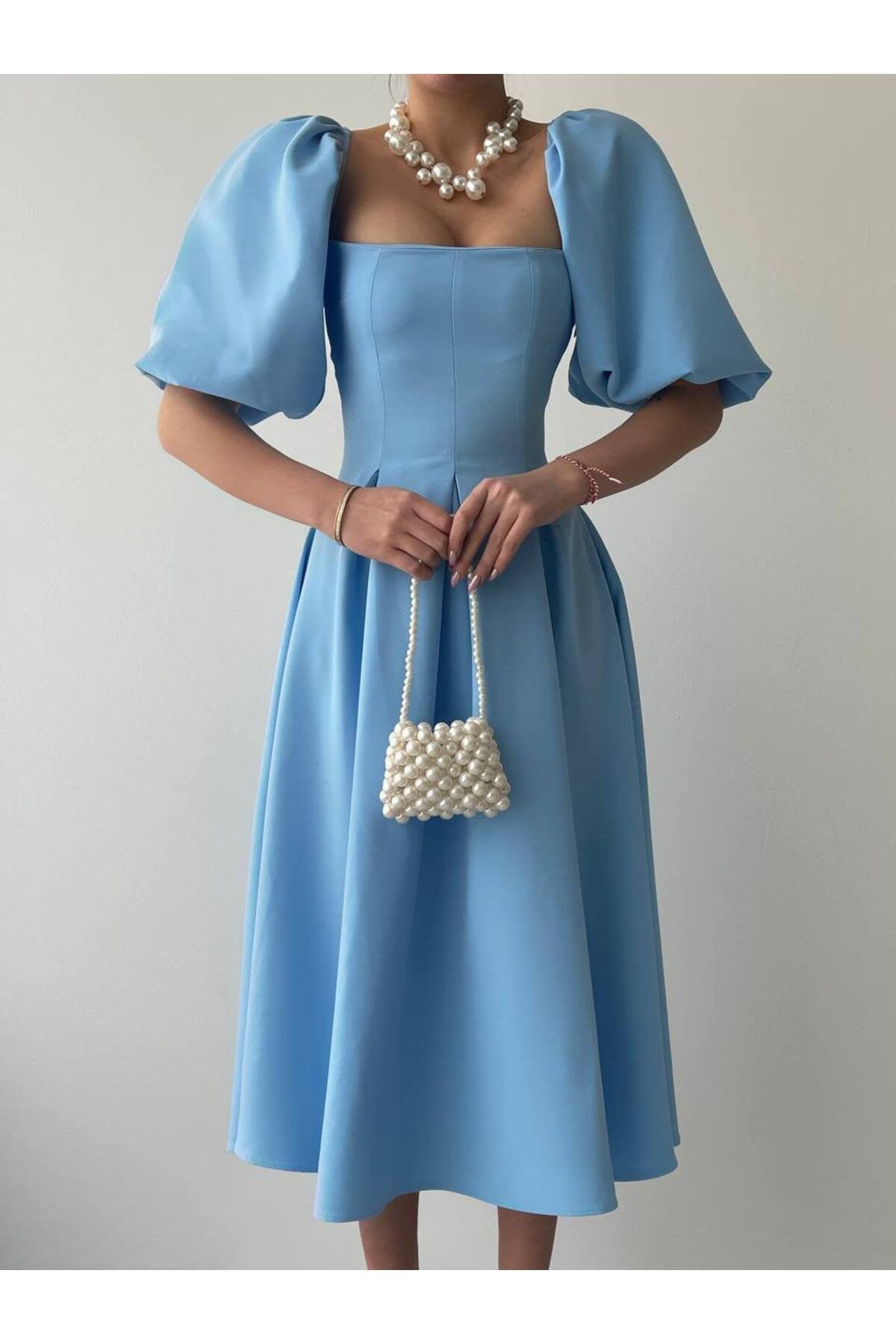 KADIN ATLAS KUMAŞ KARE YAKA BALON KOL KLOŞ KESİM MİDİ BOY NİKAH DÜĞÜN DAVET ELBİSESİ