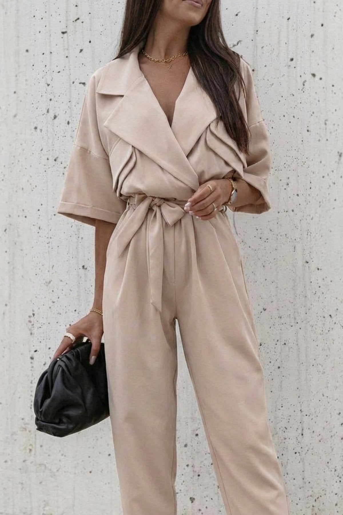 KADIN CEP DETAYLI KUŞAKLI GÖMLEK YAKA TULUM