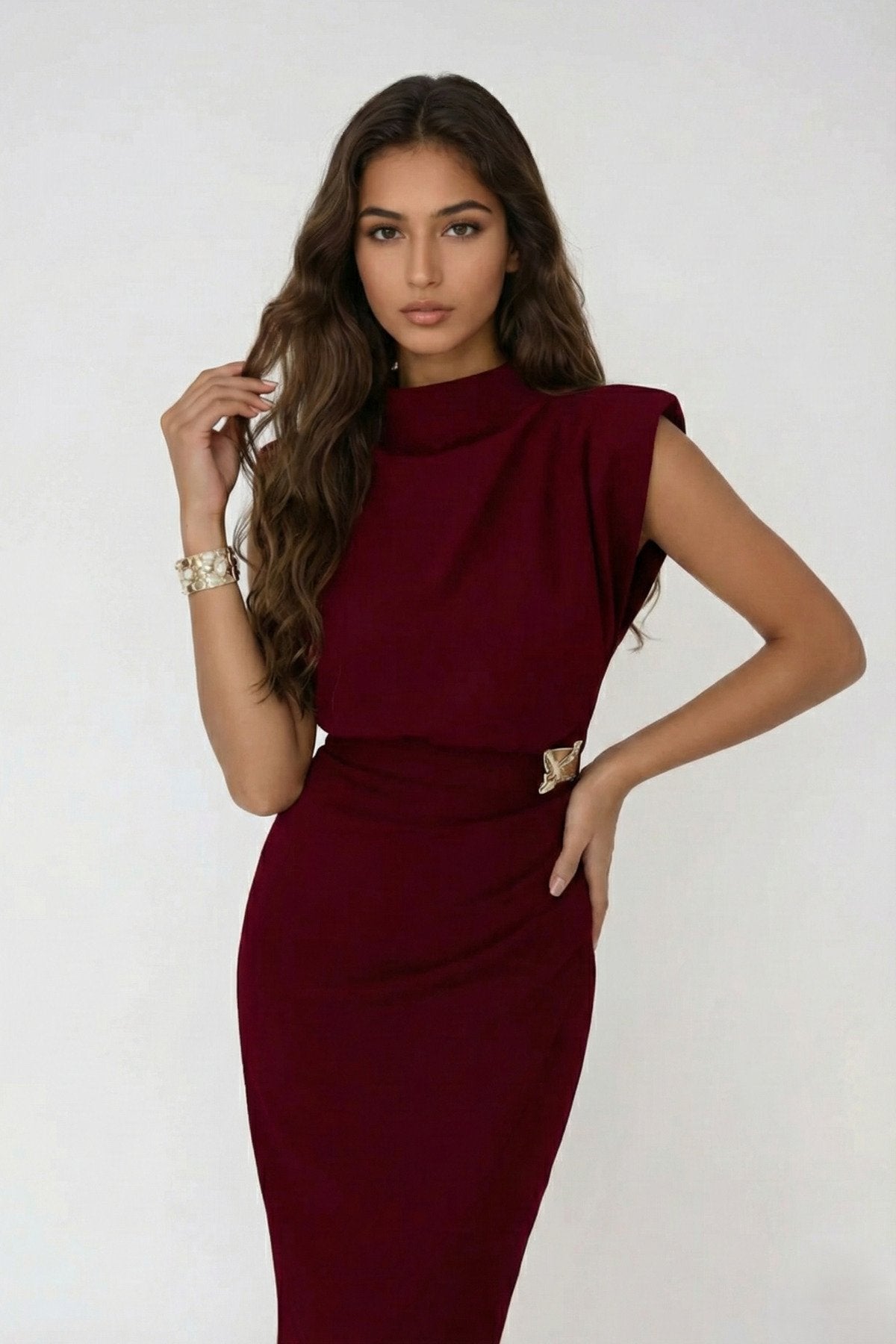 KADIN VATKALI BROŞ DETAYLI ESNEK KUMAŞ ANVELOP KESİM DÜĞÜN DAVET SÖZ NİŞAN ELBİSESİ