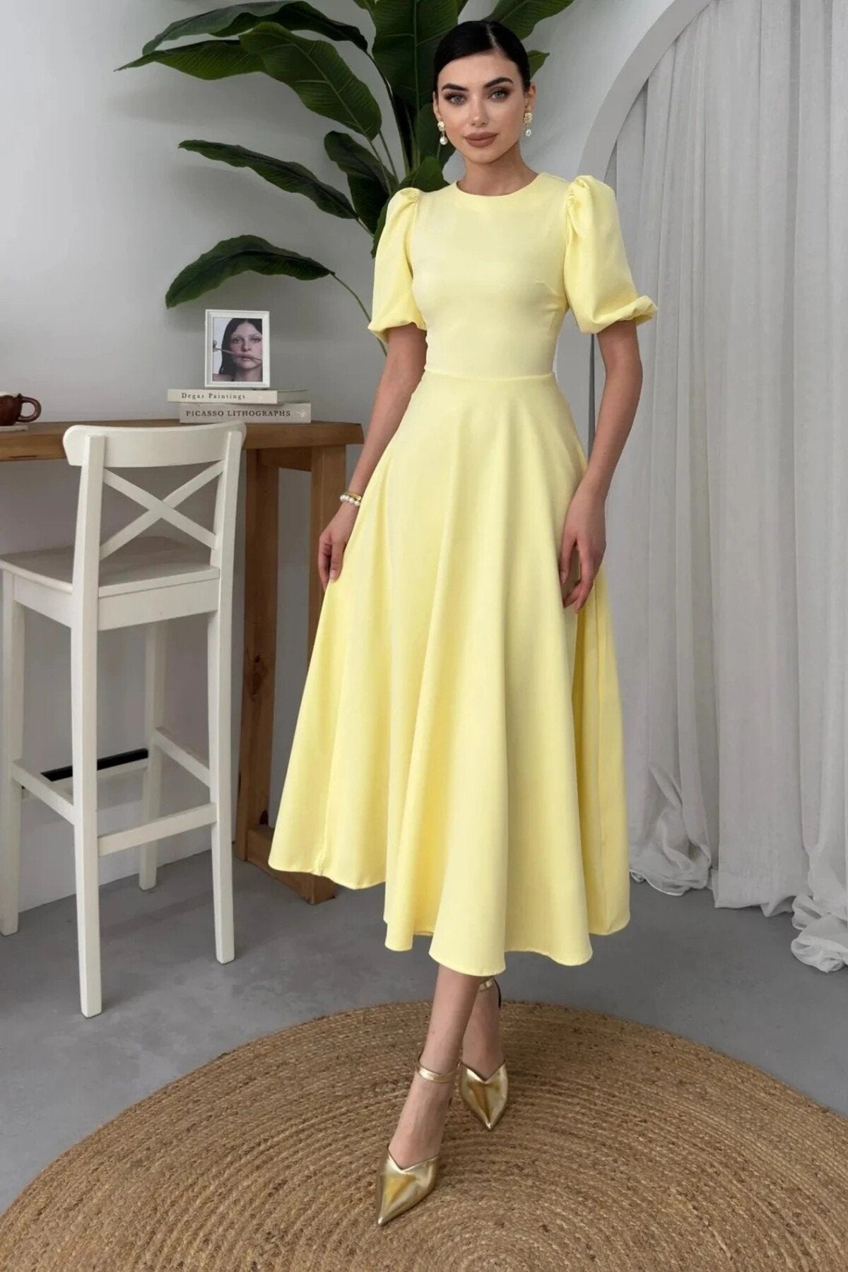 KADIN BALON KOL ETEĞİ KLOŞ MİDİ BOY ELBİSE