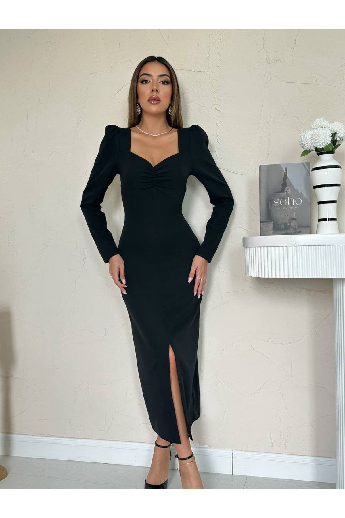 KADIN KALP YAKA ÖNÜ BÜZGÜLÜ PRENSES KOL YIRTMAÇ DETAYLI FİTTED KALIP ELBİSE