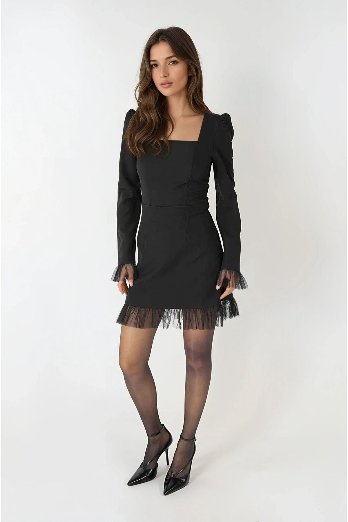 KADIN ETEĞİ VE KOLLARI TÜLLÜ KARE YAKA PRENSES KOL DAVET NİŞAN DÜĞÜN ABİYE GECE ELBİSESİ