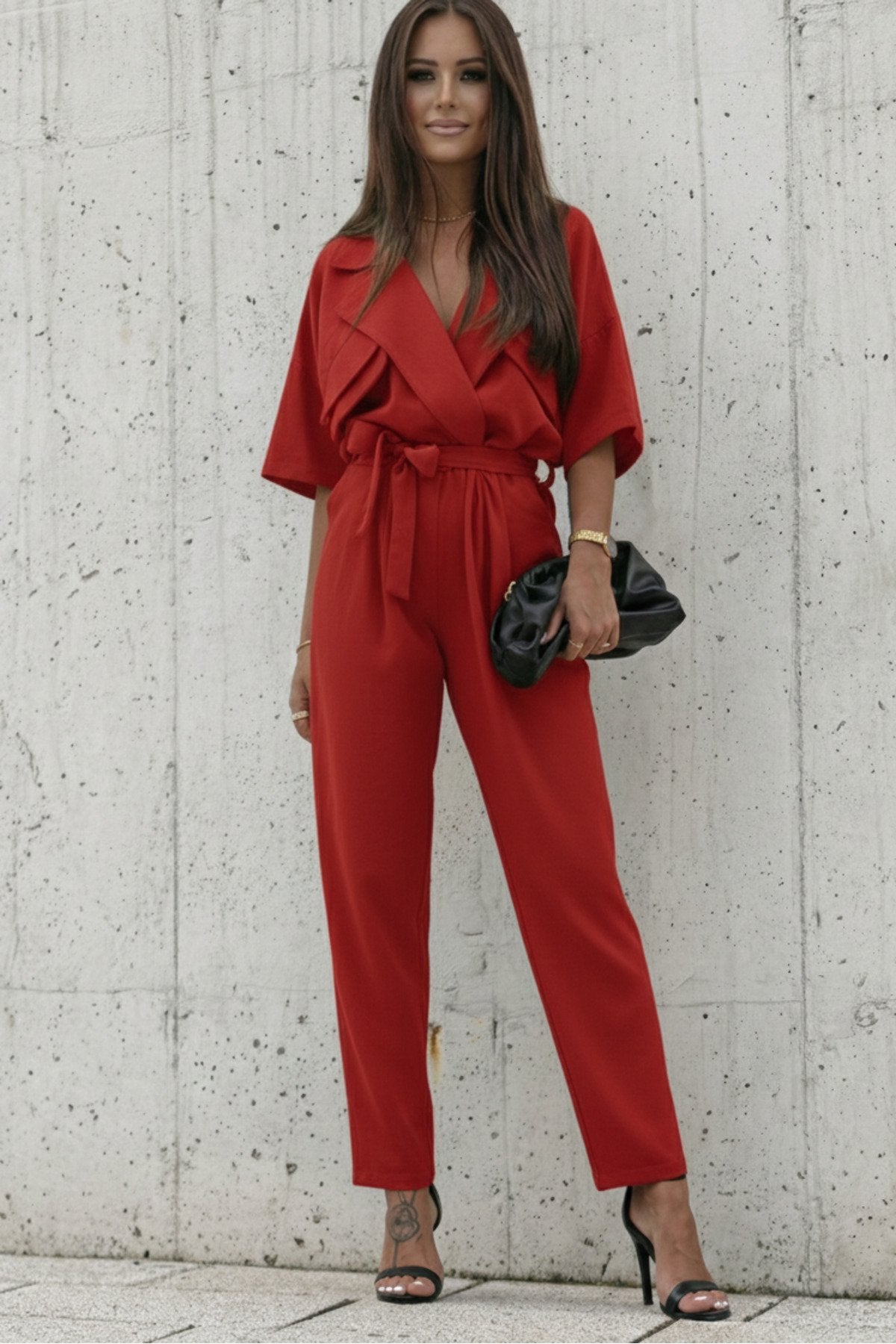 KADIN CEP DETAYLI KUŞAKLI GÖMLEK YAKA TULUM