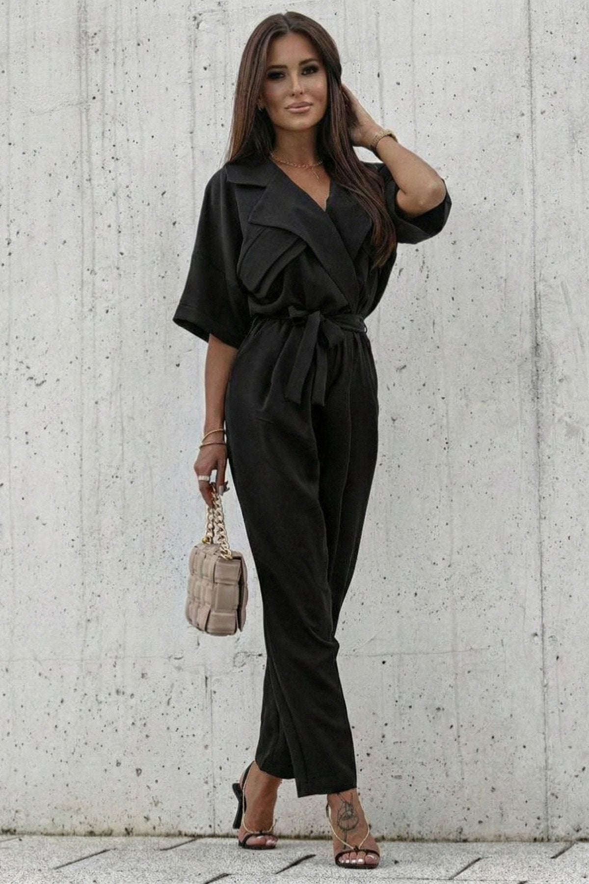 KADIN CEP DETAYLI KUŞAKLI GÖMLEK YAKA TULUM