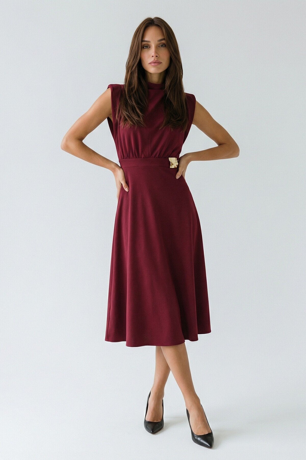 KADIN ETEĞİ KLOŞ MİDİ BOY VATKALI BROŞLU ESNEK KUMAŞ KOLSUZ ABİYE DÜĞÜN DAVET SÖZ NİŞAN ELBİSESİ