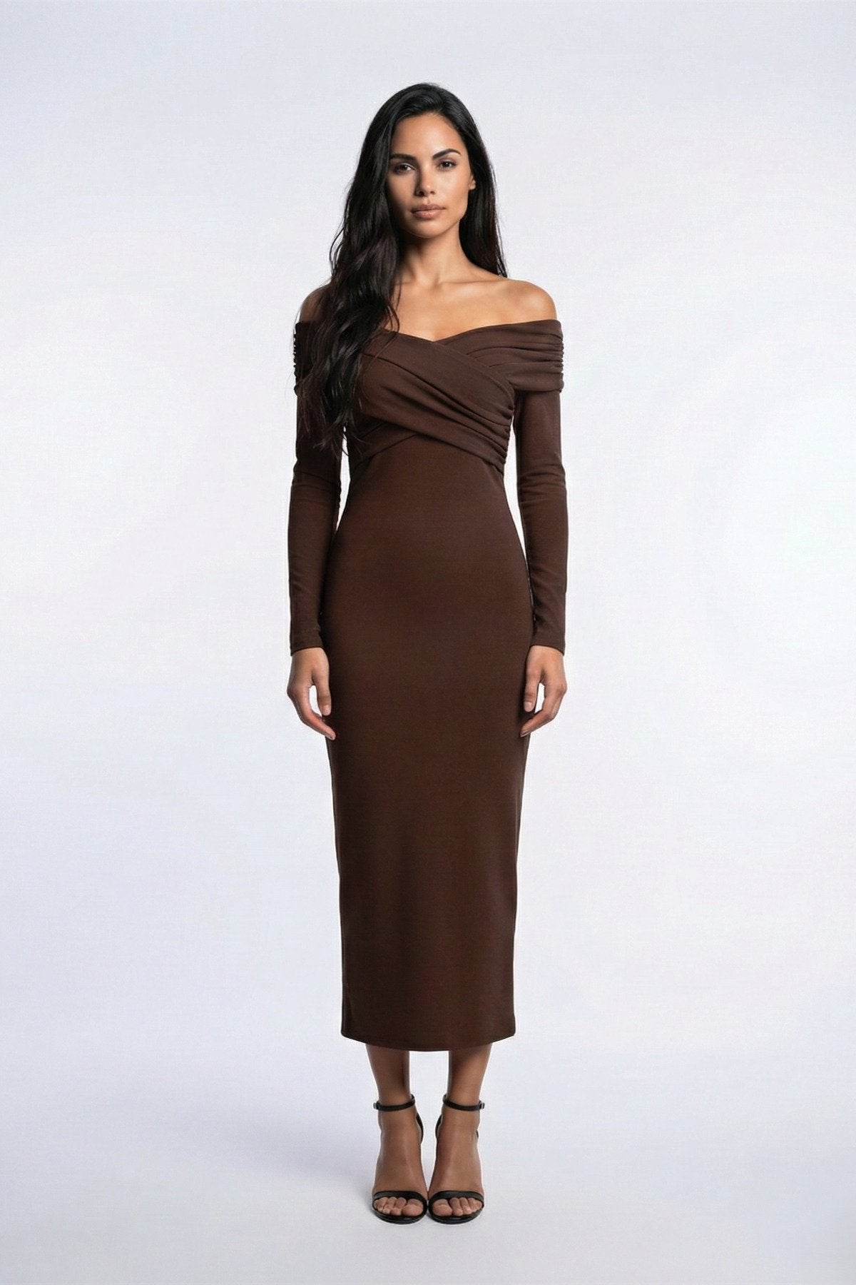 KADIN ÇAPRAZ YAKA DRAPE DETAYLI ESNEK KUMAŞ TASARIM ELBİSE