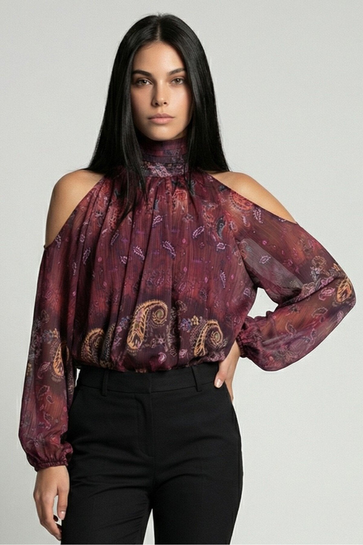 KADIN BALIKÇI YAKA BALON KOL OMUZU AÇIK ASTARLI ŞİFON BLUZ