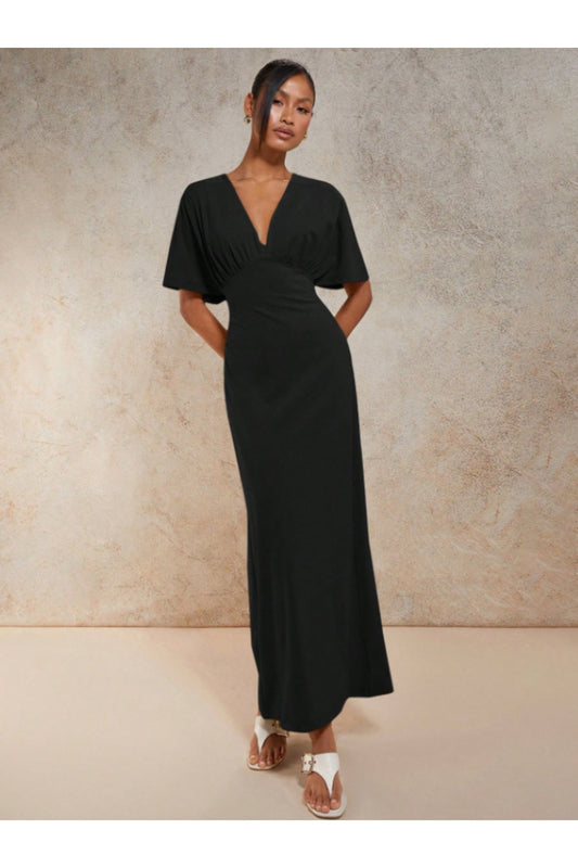 KADIN V YAKA MELEK KOL GÖĞSÜ BÜZGÜ DETAYLI ESNEK ÖRME KUMAŞ UZUN BOY ELBİSE