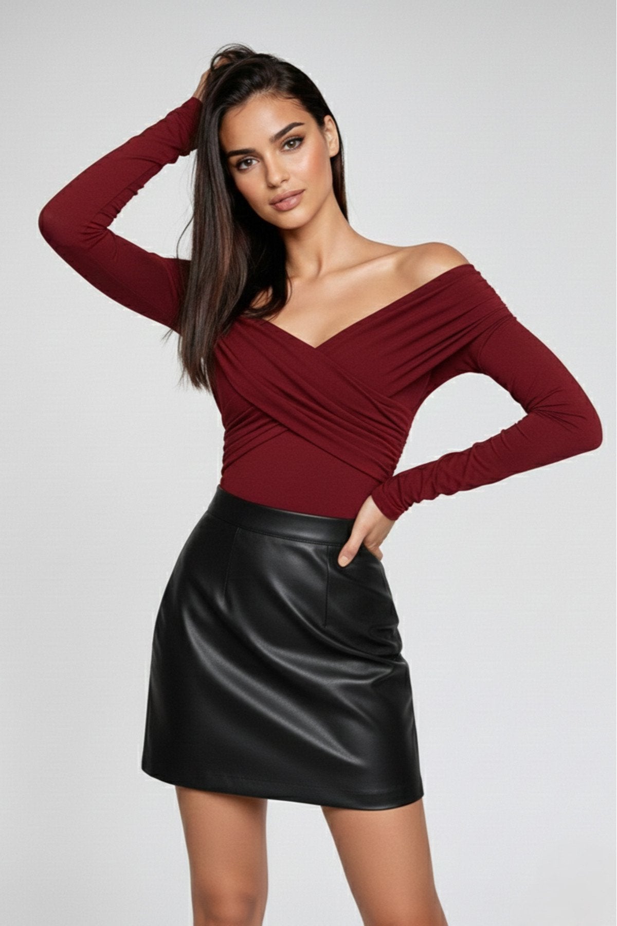 KADIN ÇAPRAZ YAKA DRAPE DETAYLI ESNEK KUMAŞ TASARIM BLUZ