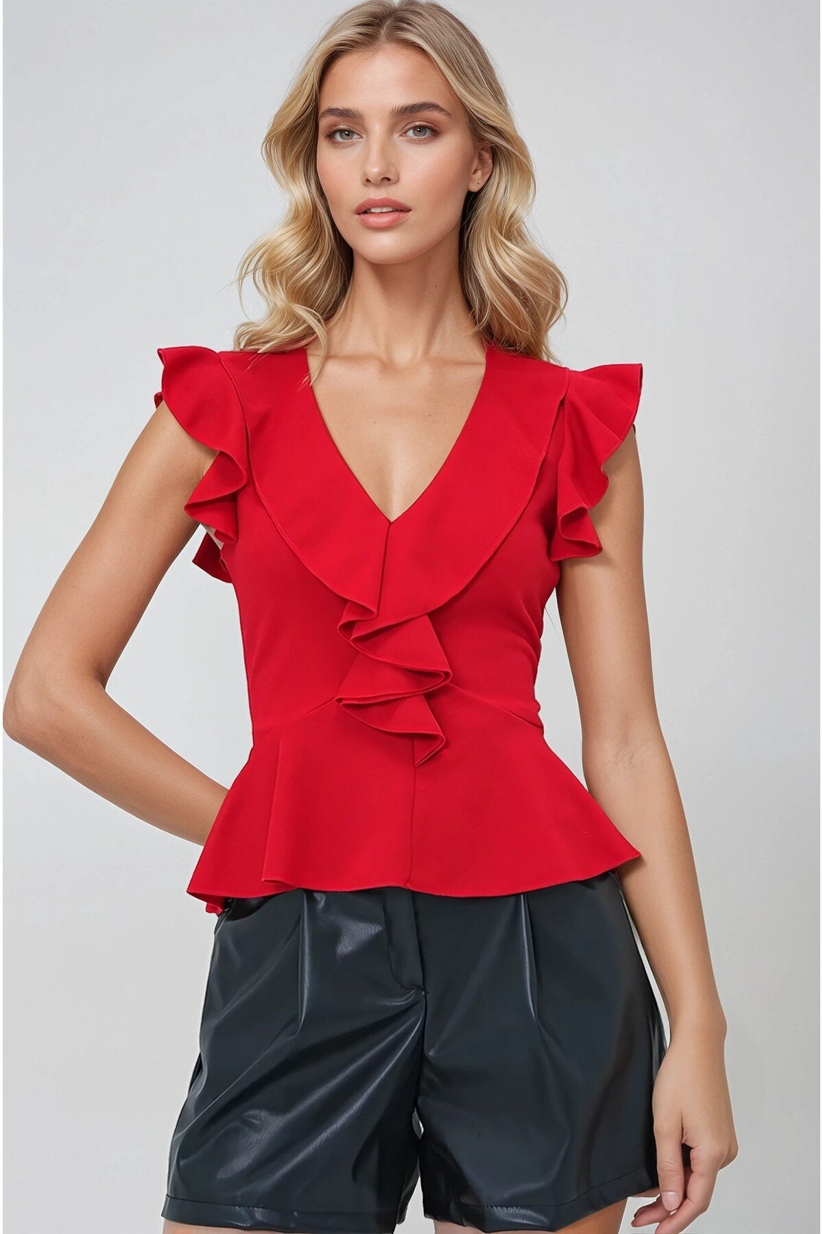 KADIN V YAKA VOLANLI ESNEK ÖRME KUMAŞ BLUZ