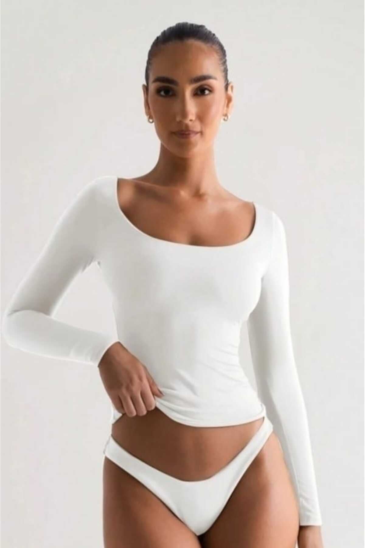 KADIN BASİC HAVUZ YAKA ÖNÜ ÇİFT KAT LİKRALI BLUZ