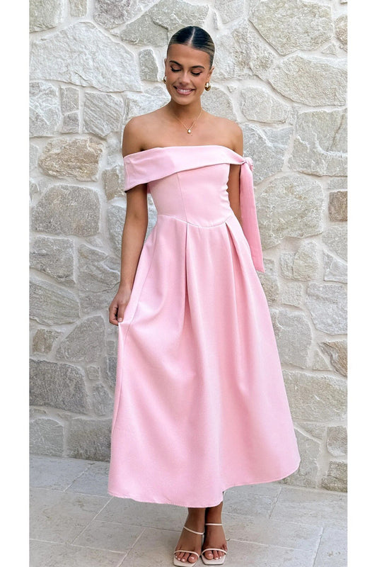 KADIN DÜŞÜK OMUZ KURDELE DETAYLI ATLAS KUMAŞ MİDİ BOY DÜĞÜN NİŞAN DAVET ELBİSESİ