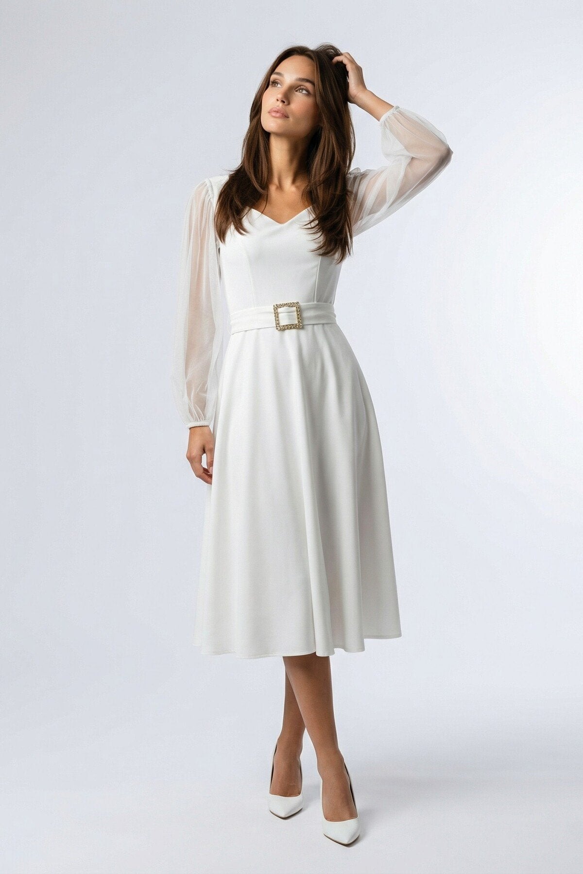 KADIN KALP YAKA KOLU TÜLLÜ TOKA DETAYLI ESNEK KUMAŞ MİDİ BOY KLOŞ SÖZ DÜĞÜN DAVET ELBİSESİ