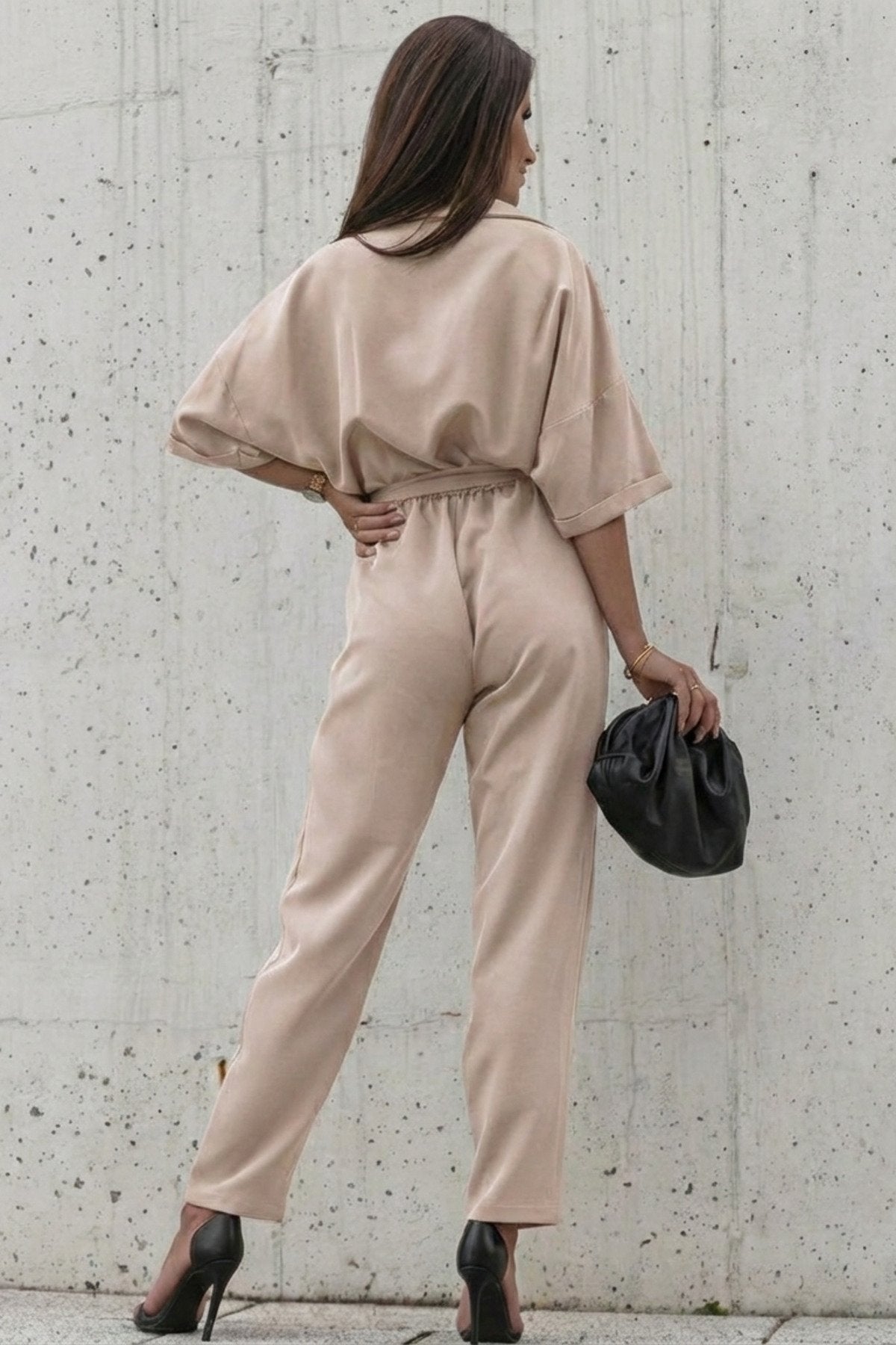 KADIN CEP DETAYLI KUŞAKLI GÖMLEK YAKA TULUM