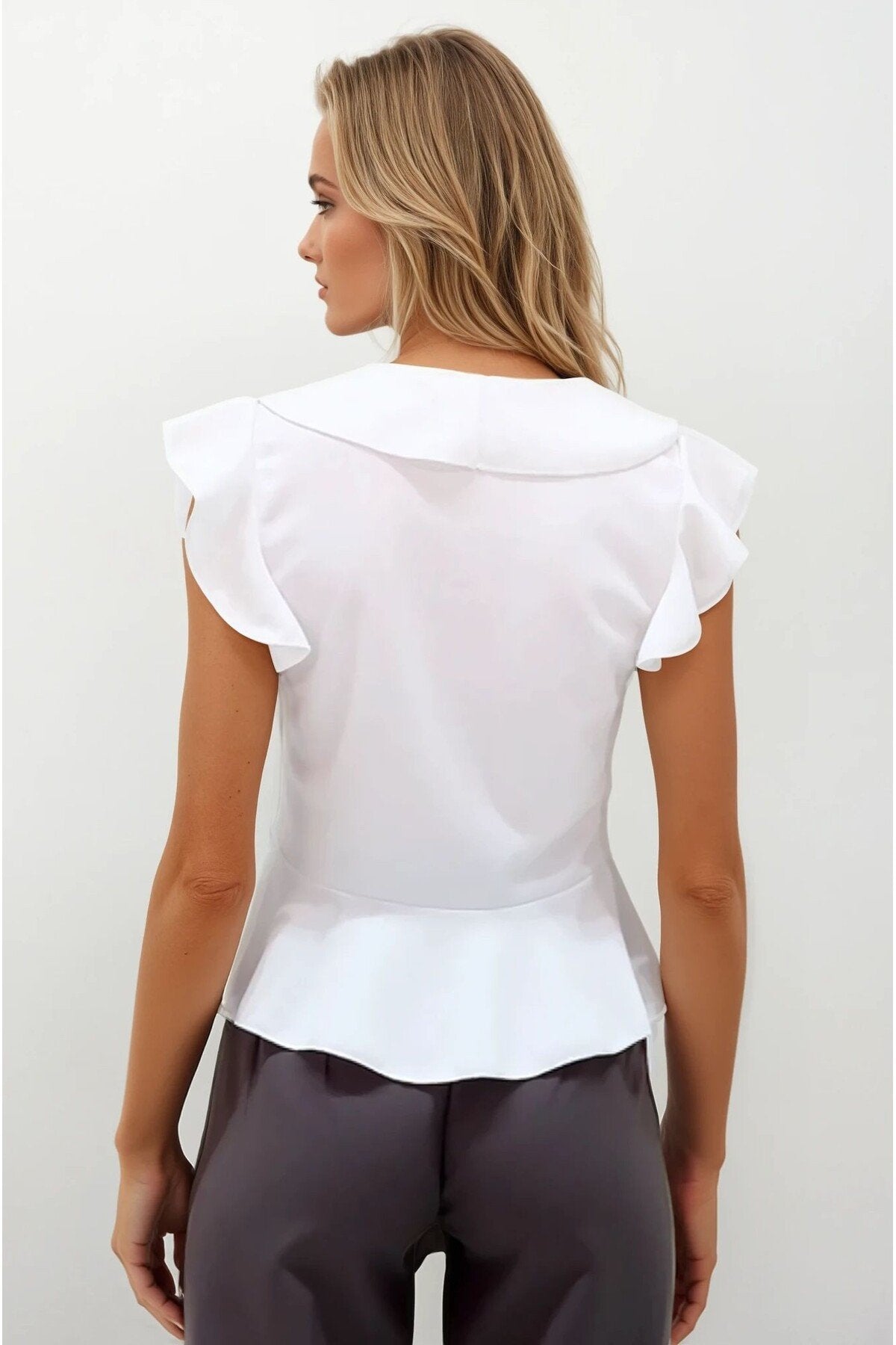 KADIN V YAKA VOLANLI ESNEK ÖRME KUMAŞ BLUZ