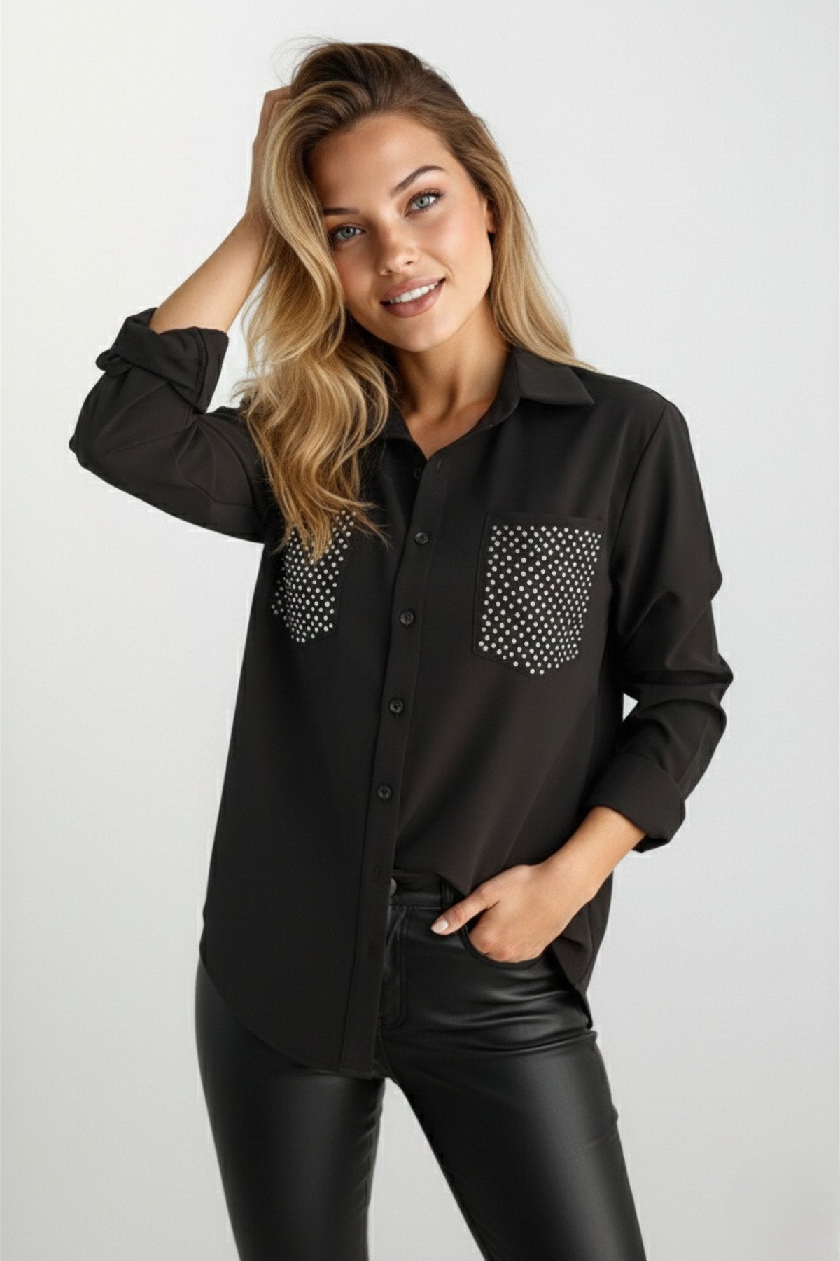 KADIN CEPLERİ TAŞLI UZUN KOL GÖMLEK