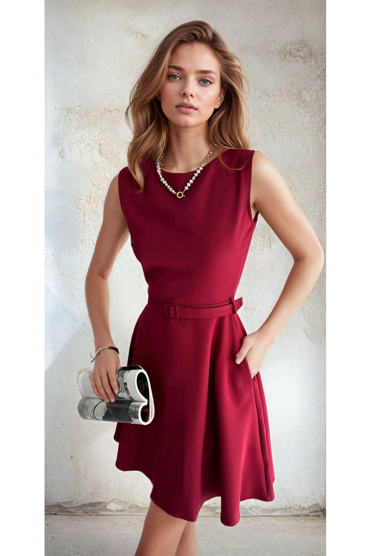 KADIN ATLAS KUMAŞ KEMERLİ VE CEPLİ KLOŞ ELBİSE