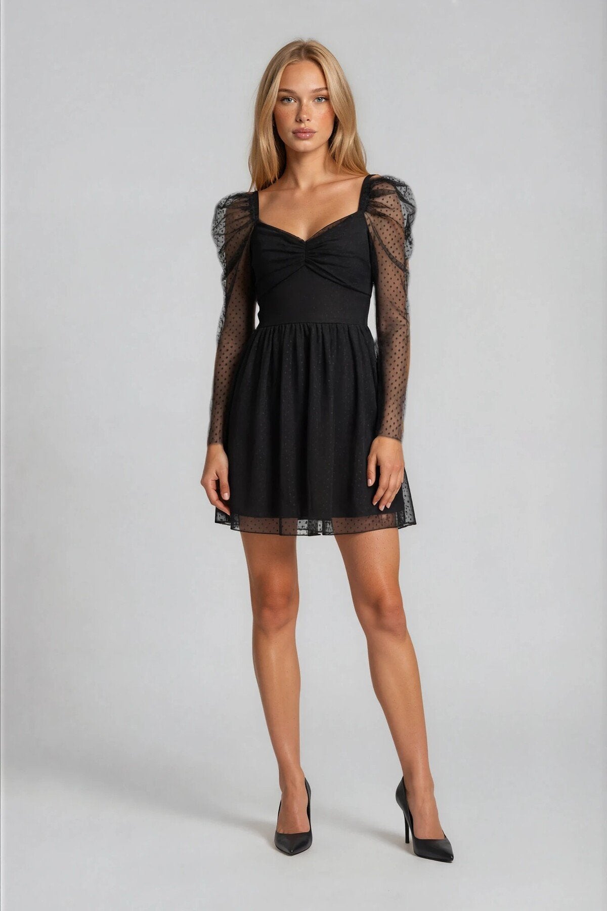 KADIN DRAPE DETAYLI PUANTİYE DESENLİ ETEĞİ KLOŞ ABİYE DÜĞÜN DAVET SÖZ BALO MEZUNİYET ELBİSESİ