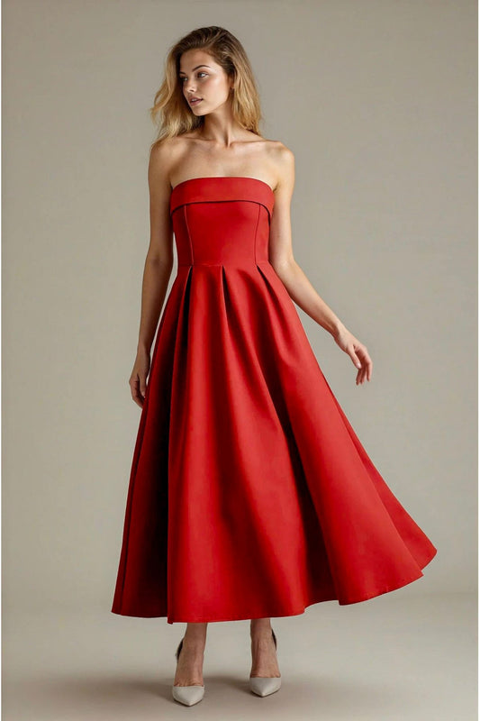 KADIN ATLAS KUMAŞ STRAPLEZ YAKA KLOŞ KESİM UZUN BOY DÜĞÜN NİŞAN DAVET ELBİSESİ