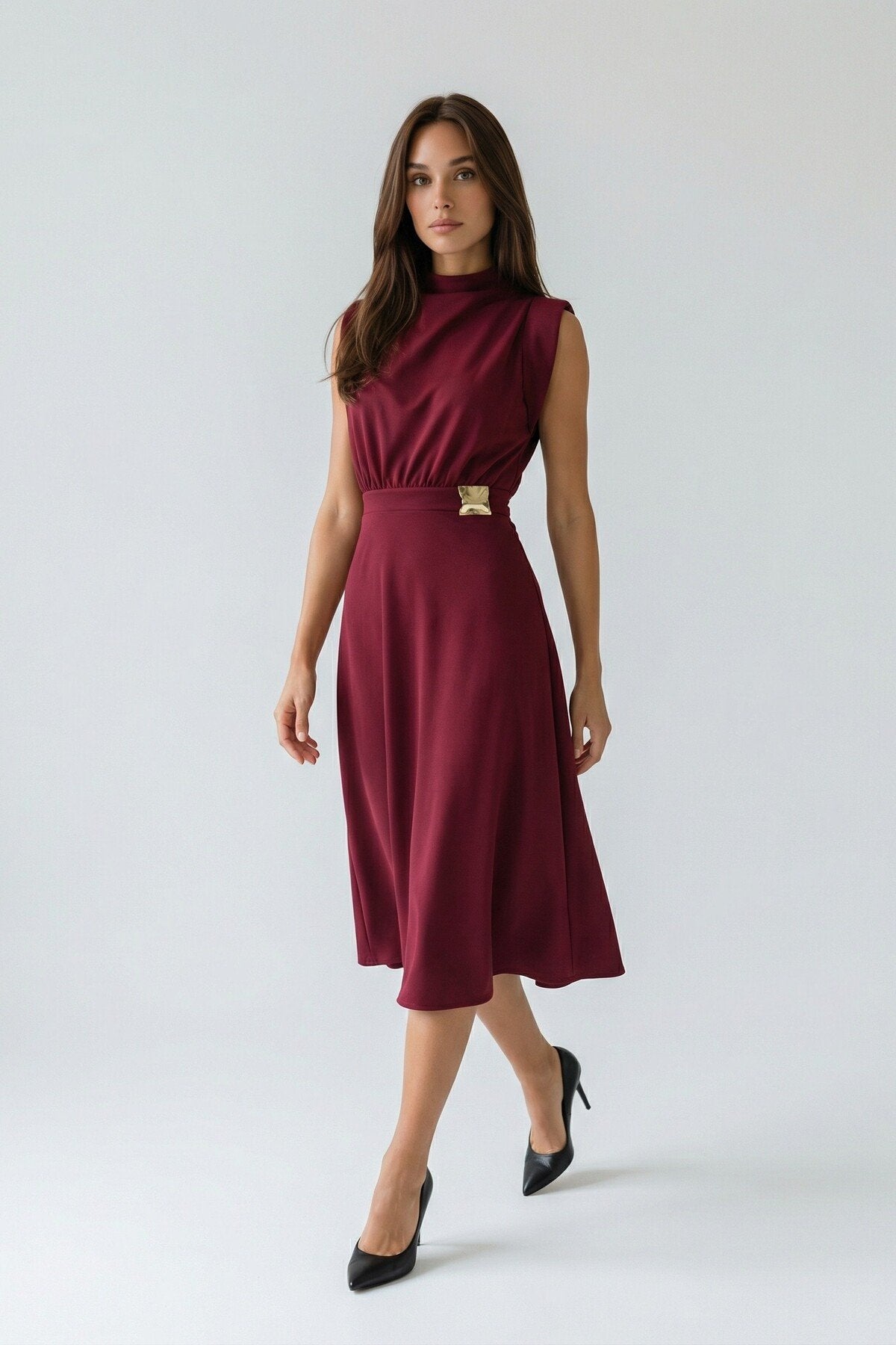 KADIN ETEĞİ KLOŞ MİDİ BOY VATKALI BROŞLU ESNEK KUMAŞ KOLSUZ ABİYE DÜĞÜN DAVET SÖZ NİŞAN ELBİSESİ