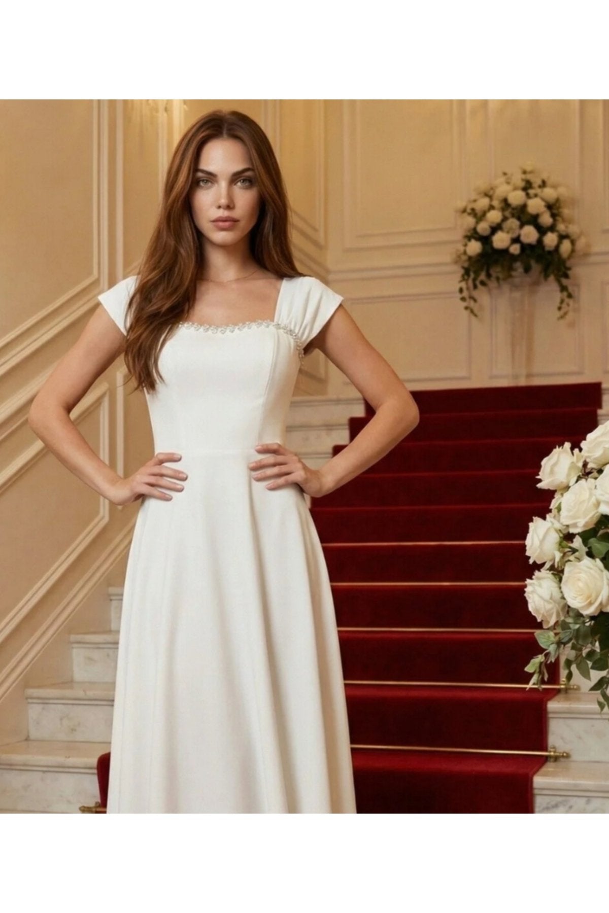 KADIN YAKASI TAŞ AKSESUAR DETAYLI ATLAS KUMAŞ UZUN BOY ETEĞİ KLOŞ ABİYE DÜĞÜN NİŞAN DAVET ELBİSESİ