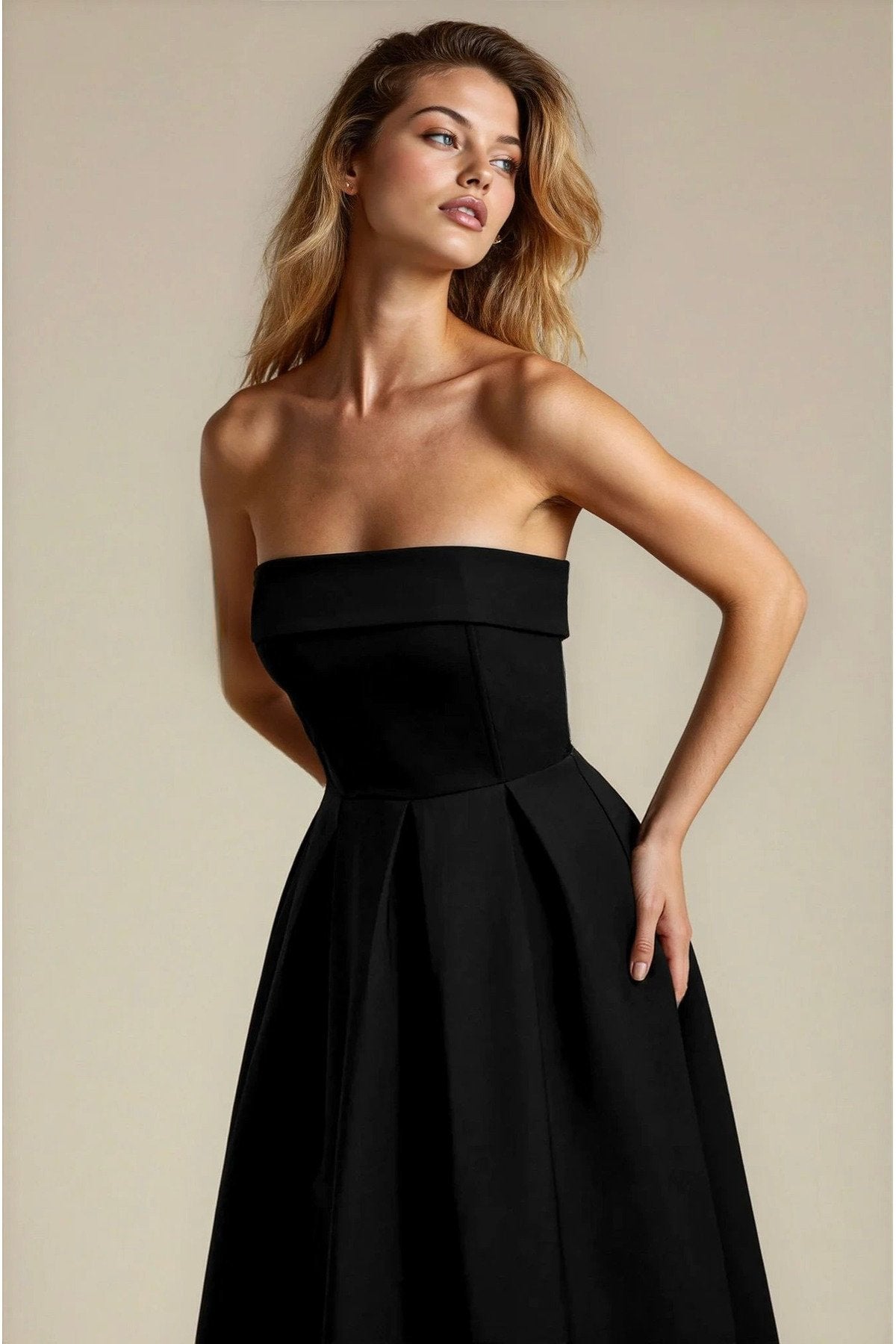 KADIN ATLAS KUMAŞ STRAPLEZ YAKA KLOŞ KESİM UZUN BOY DÜĞÜN NİŞAN DAVET ELBİSESİ