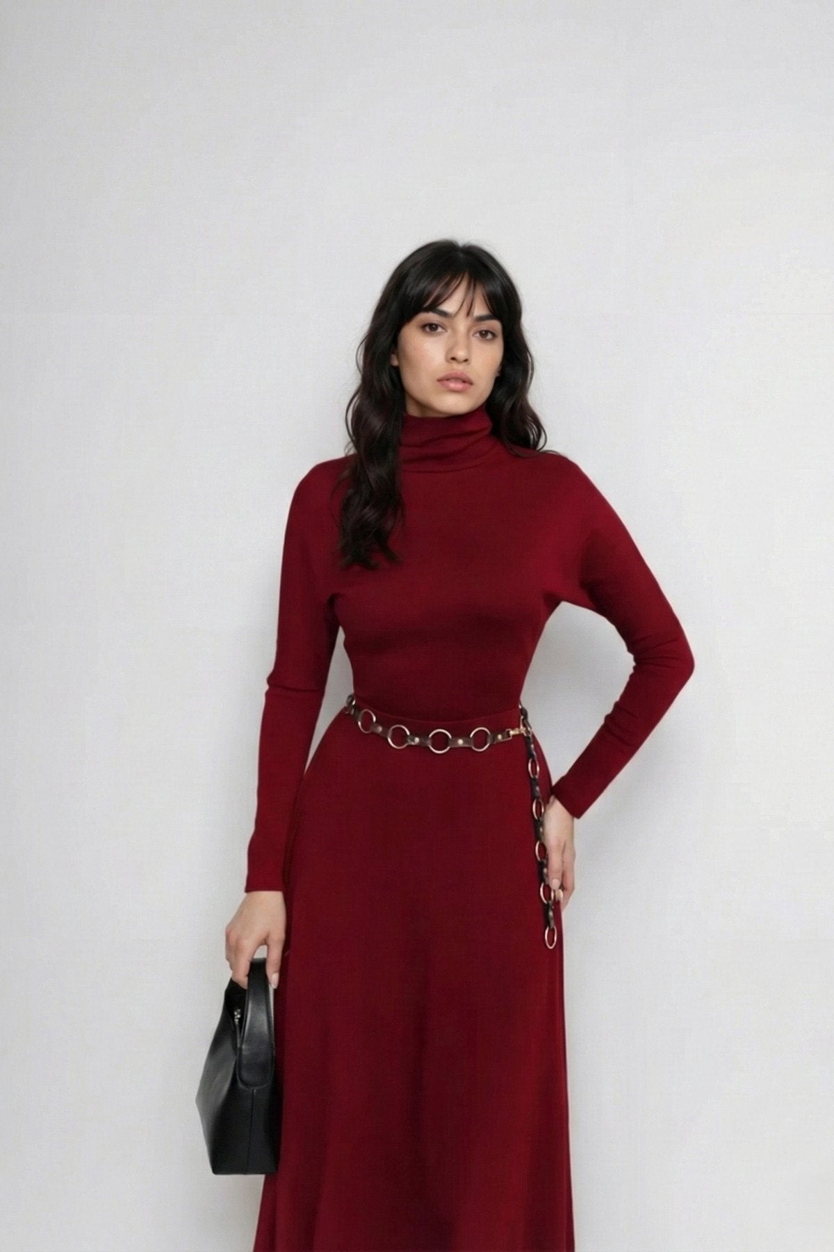 KADIN ESNEK TRİKO KUMAŞ DİK YAKA UZUN KOLLU KLOŞ ELBİSE