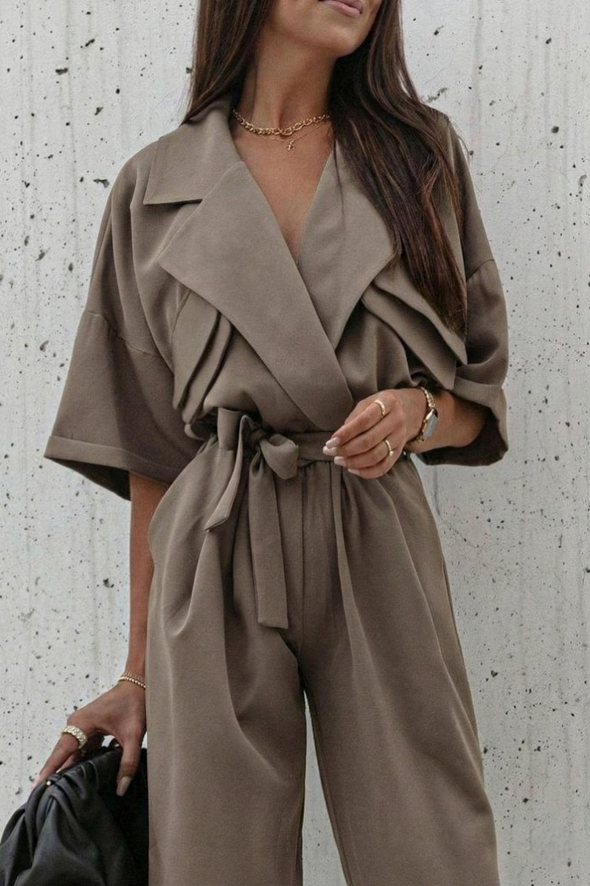 KADIN CEP DETAYLI KUŞAKLI GÖMLEK YAKA TULUM