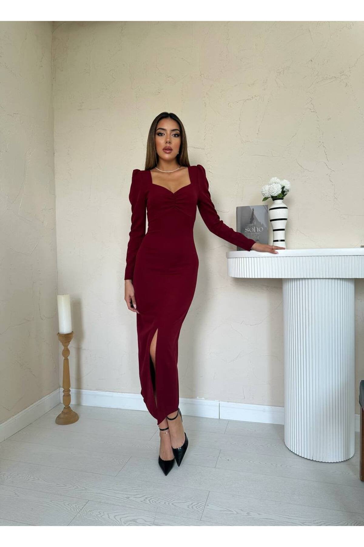 KADIN KALP YAKA ÖNÜ BÜZGÜLÜ PRENSES KOL YIRTMAÇ DETAYLI FİTTED KALIP ELBİSE