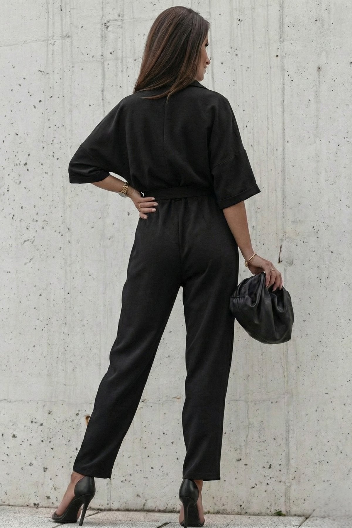 KADIN CEP DETAYLI KUŞAKLI GÖMLEK YAKA TULUM