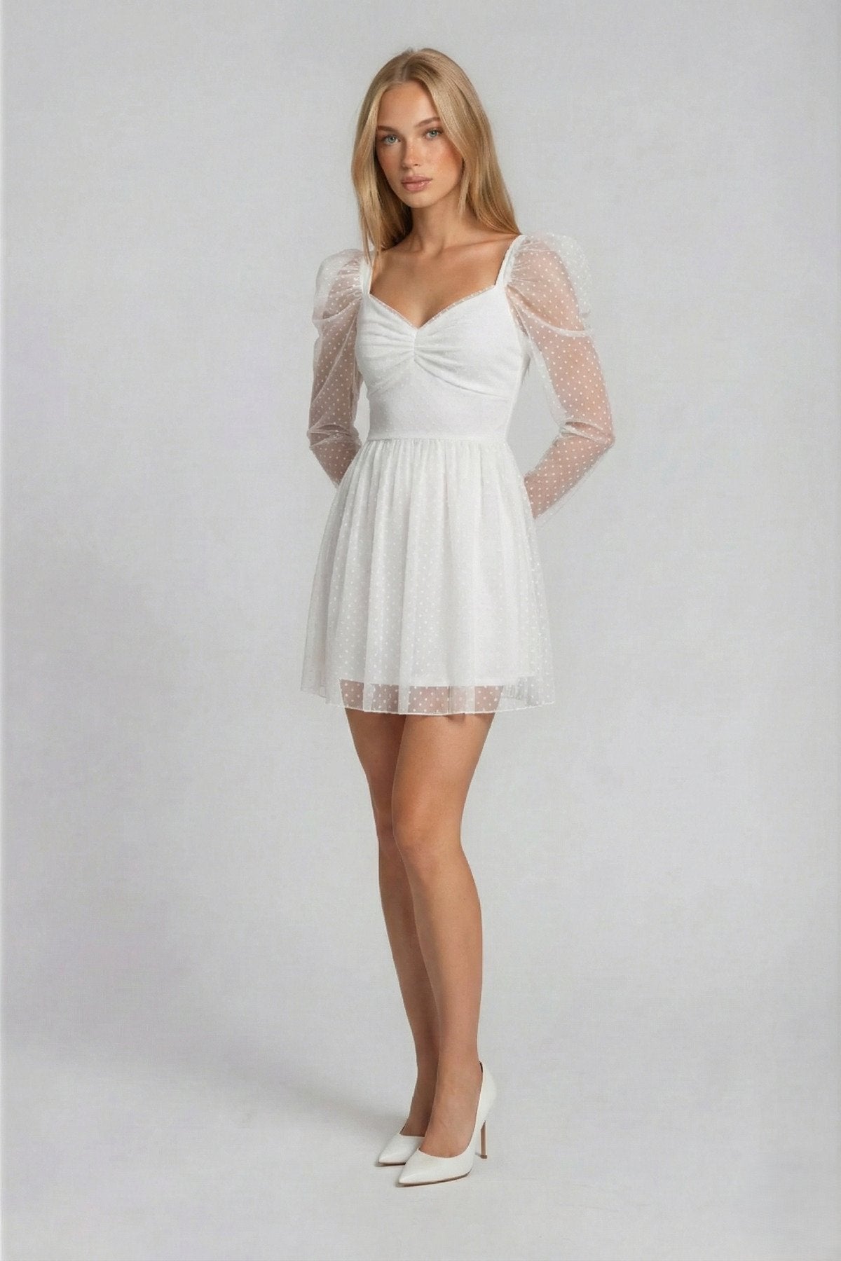 KADIN DRAPE DETAYLI PUANTİYE DESENLİ ETEĞİ KLOŞ ABİYE DÜĞÜN DAVET SÖZ BALO MEZUNİYET ELBİSESİ