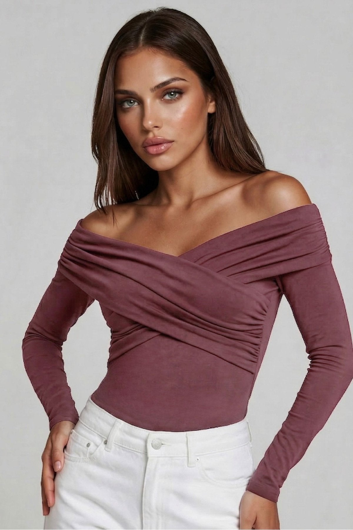 KADIN ÇAPRAZ YAKA DRAPE DETAYLI ESNEK KUMAŞ TASARIM BLUZ