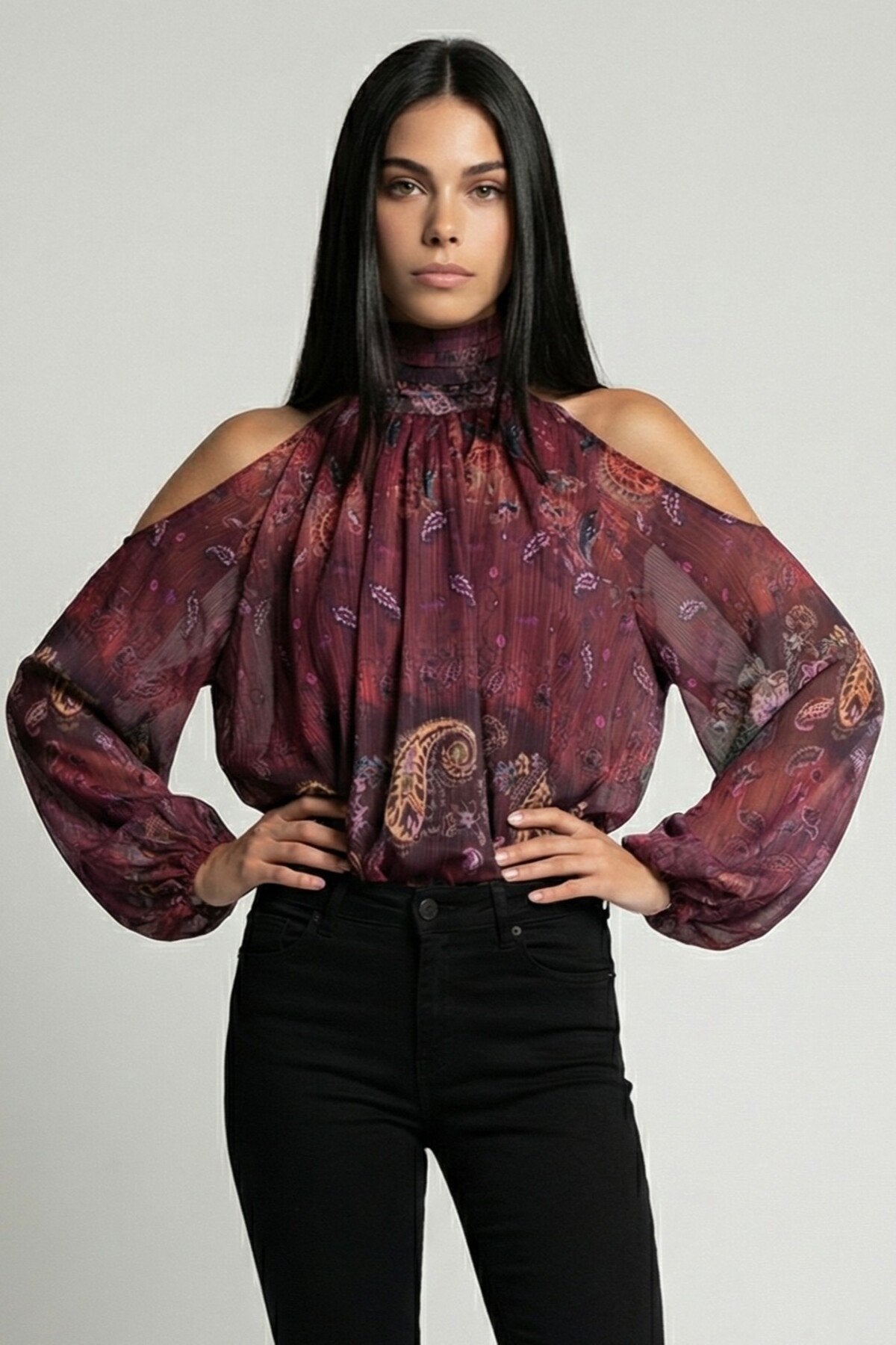 KADIN BALIKÇI YAKA BALON KOL OMUZU AÇIK ASTARLI ŞİFON BLUZ