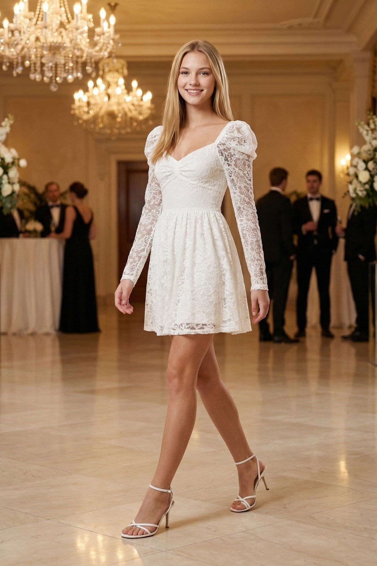 KADIN KLOŞ KESİM ÖNÜ BÜZGÜLÜ PREMIUM ESNEK DANTEL KUMAŞ ASTARLI BALO MEZUNİYET DAVET ELBİSESİ