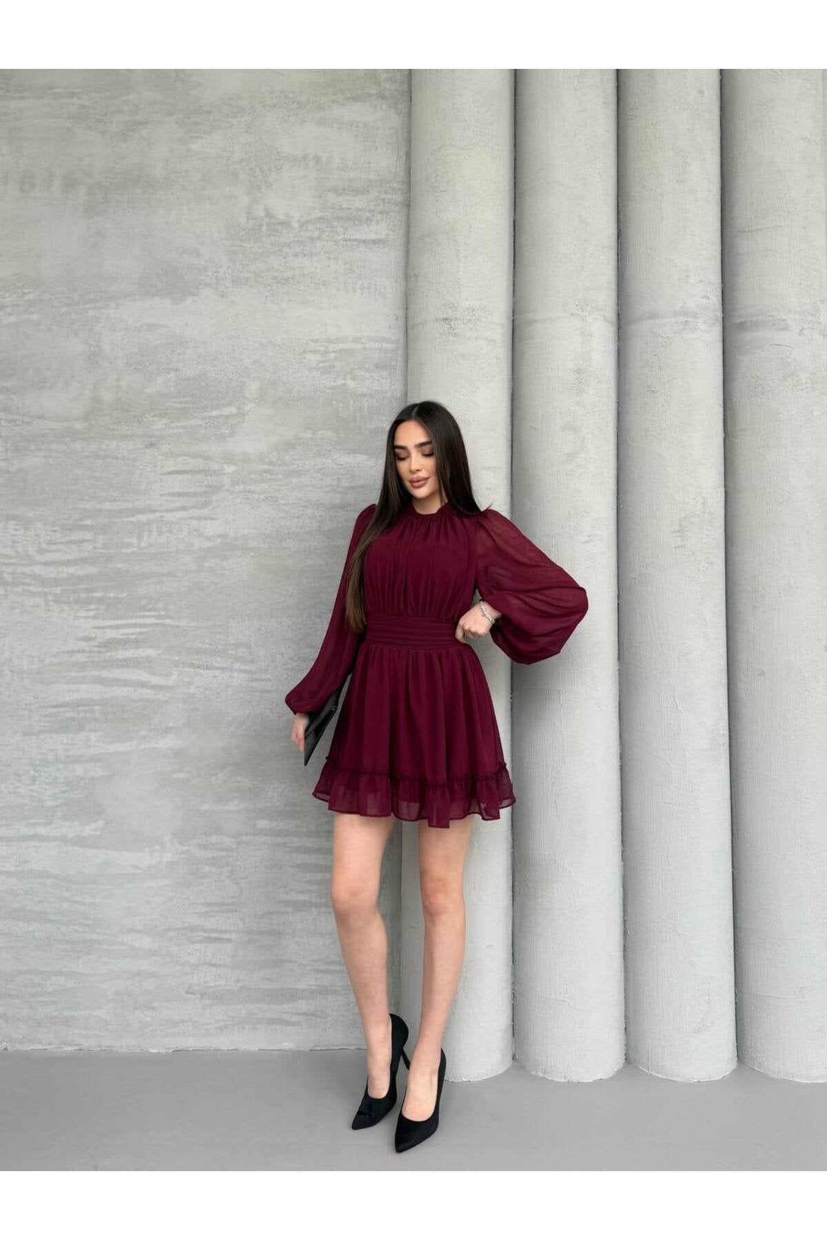 KADIN ETEĞİ FIRFIRLI BÜZGÜ DETAYLI BALON KOL ŞİFON ELBİSE