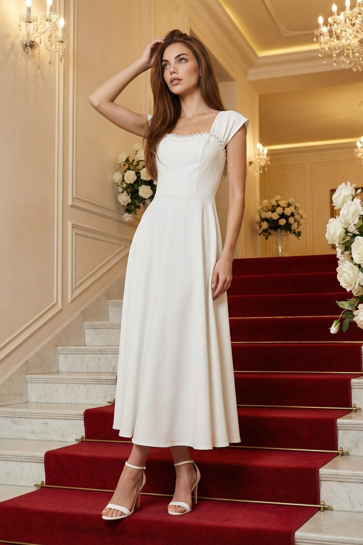 KADIN YAKASI TAŞ AKSESUAR DETAYLI ATLAS KUMAŞ UZUN BOY ETEĞİ KLOŞ ABİYE DÜĞÜN NİŞAN DAVET ELBİSESİ