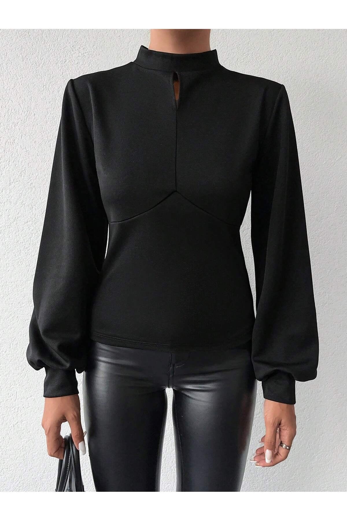 KADIN BALON KOL ÖNÜ DAMLA DETAYLI ESNEK ÖRME KUMAŞ BLUZ