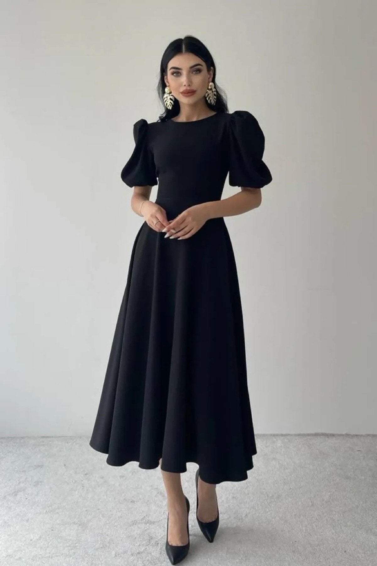 KADIN BALON KOL ETEĞİ KLOŞ MİDİ BOY ELBİSE