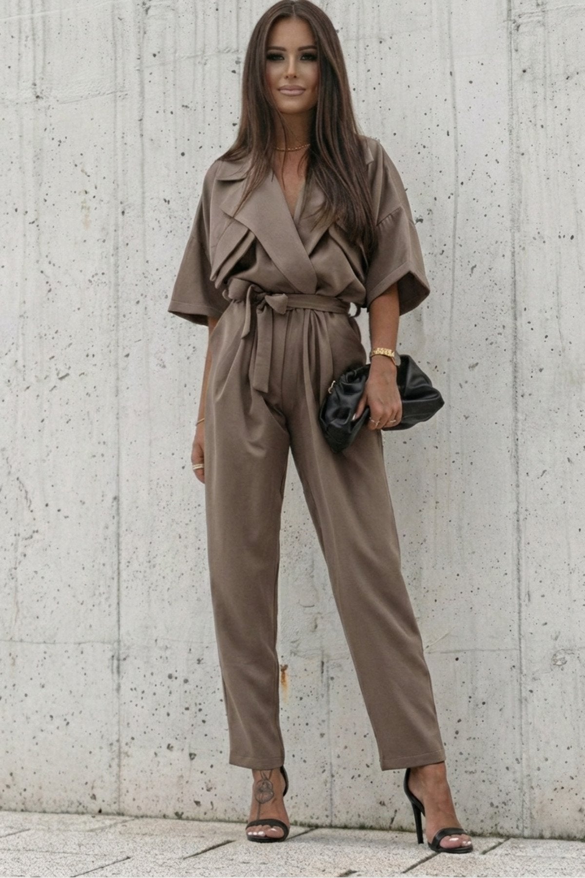 KADIN CEP DETAYLI KUŞAKLI GÖMLEK YAKA TULUM