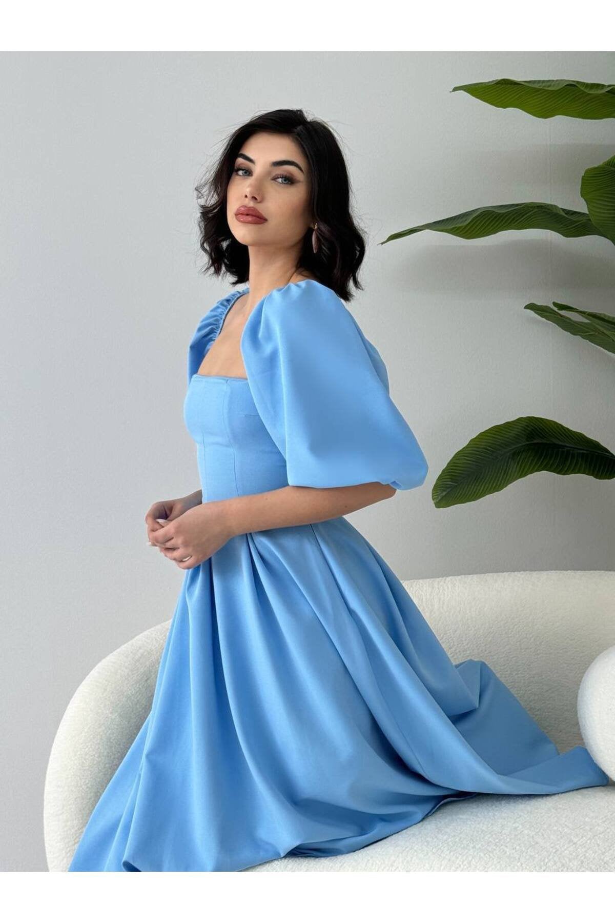 KADIN ATLAS KUMAŞ KARE YAKA BALON KOL KLOŞ KESİM MİDİ BOY NİKAH DÜĞÜN DAVET ELBİSESİ