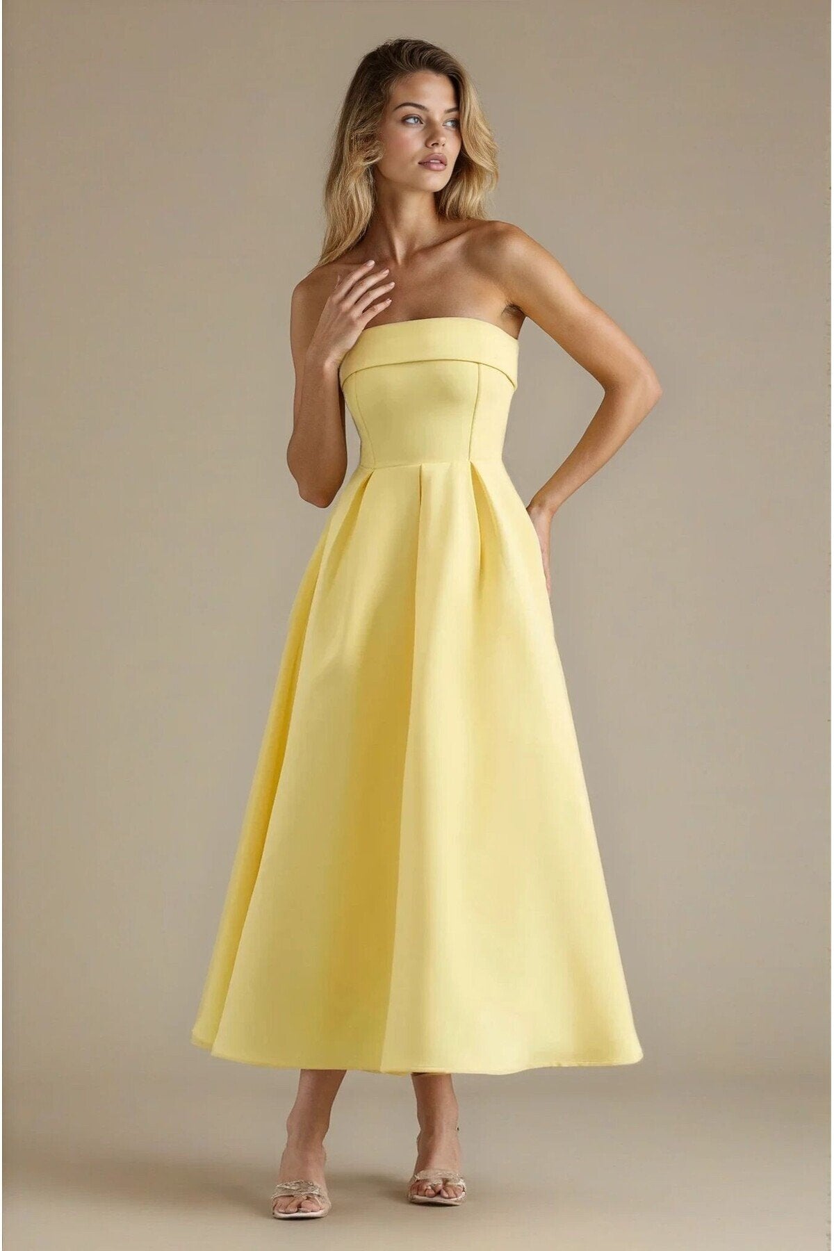 KADIN ATLAS KUMAŞ STRAPLEZ YAKA KLOŞ KESİM UZUN BOY DÜĞÜN NİŞAN DAVET ELBİSESİ