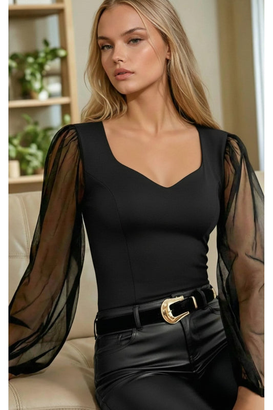 KADIN KOLU TÜL V YAKA ESNEK KUMAŞ BLUZ
