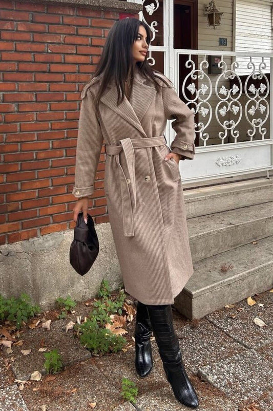 KADIN KUŞAKLI KRUVAZE KESİM MİDİ BOY ASTARLI KAŞE KABAN