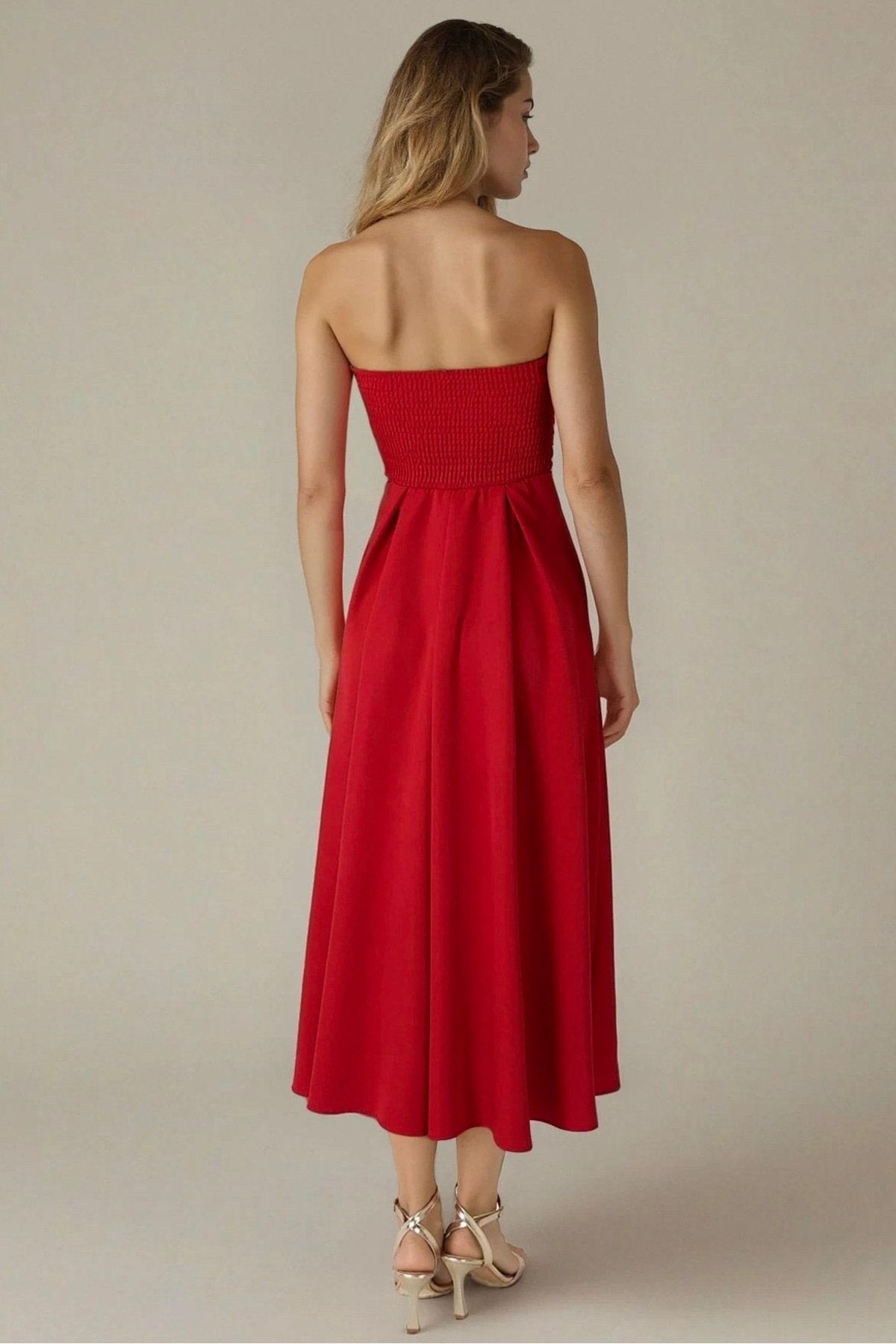 KADIN ATLAS KUMAŞ STRAPLEZ YAKA KLOŞ KESİM UZUN BOY DÜĞÜN NİŞAN DAVET ELBİSESİ