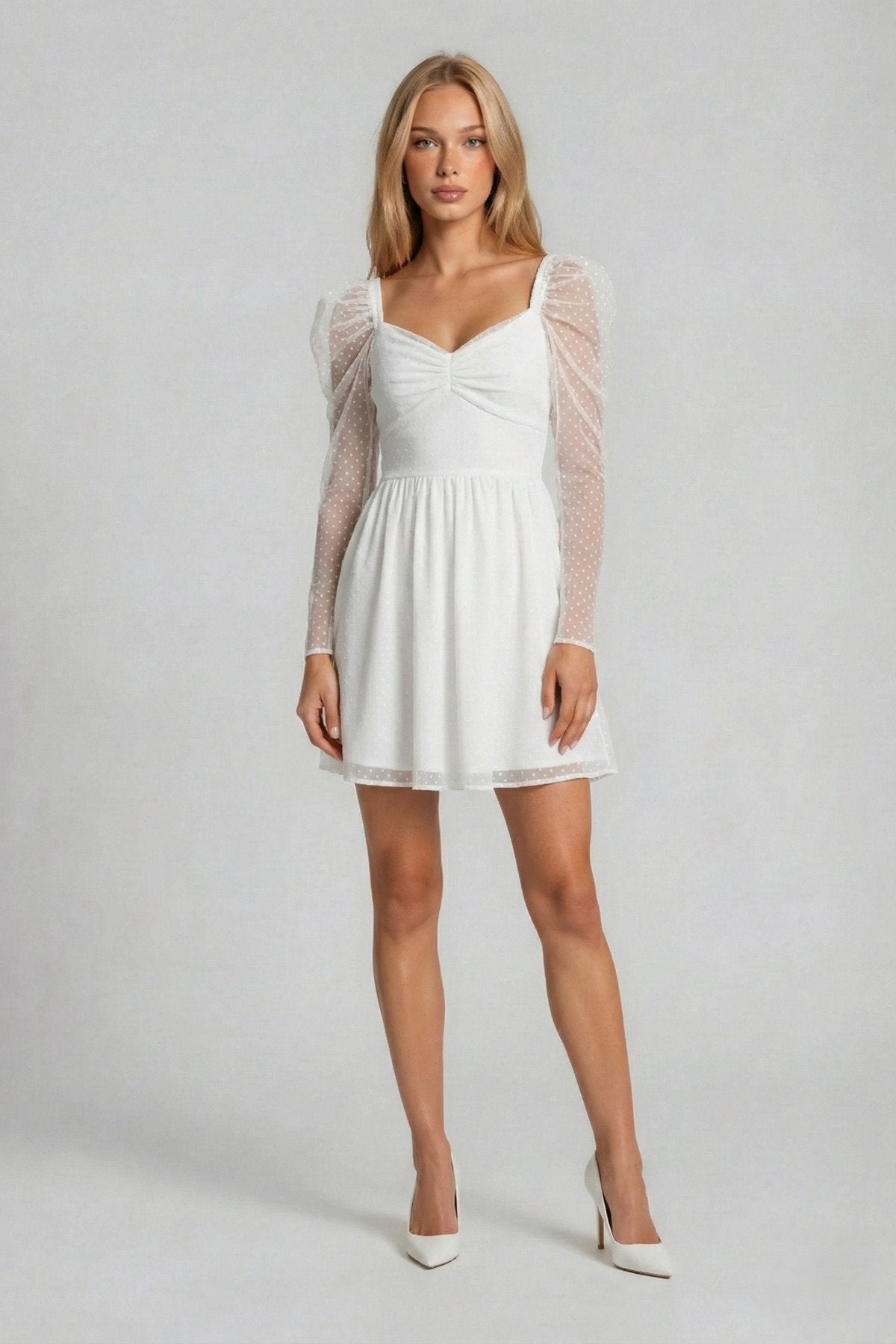 KADIN DRAPE DETAYLI PUANTİYE DESENLİ ETEĞİ KLOŞ ABİYE DÜĞÜN DAVET SÖZ BALO MEZUNİYET ELBİSESİ