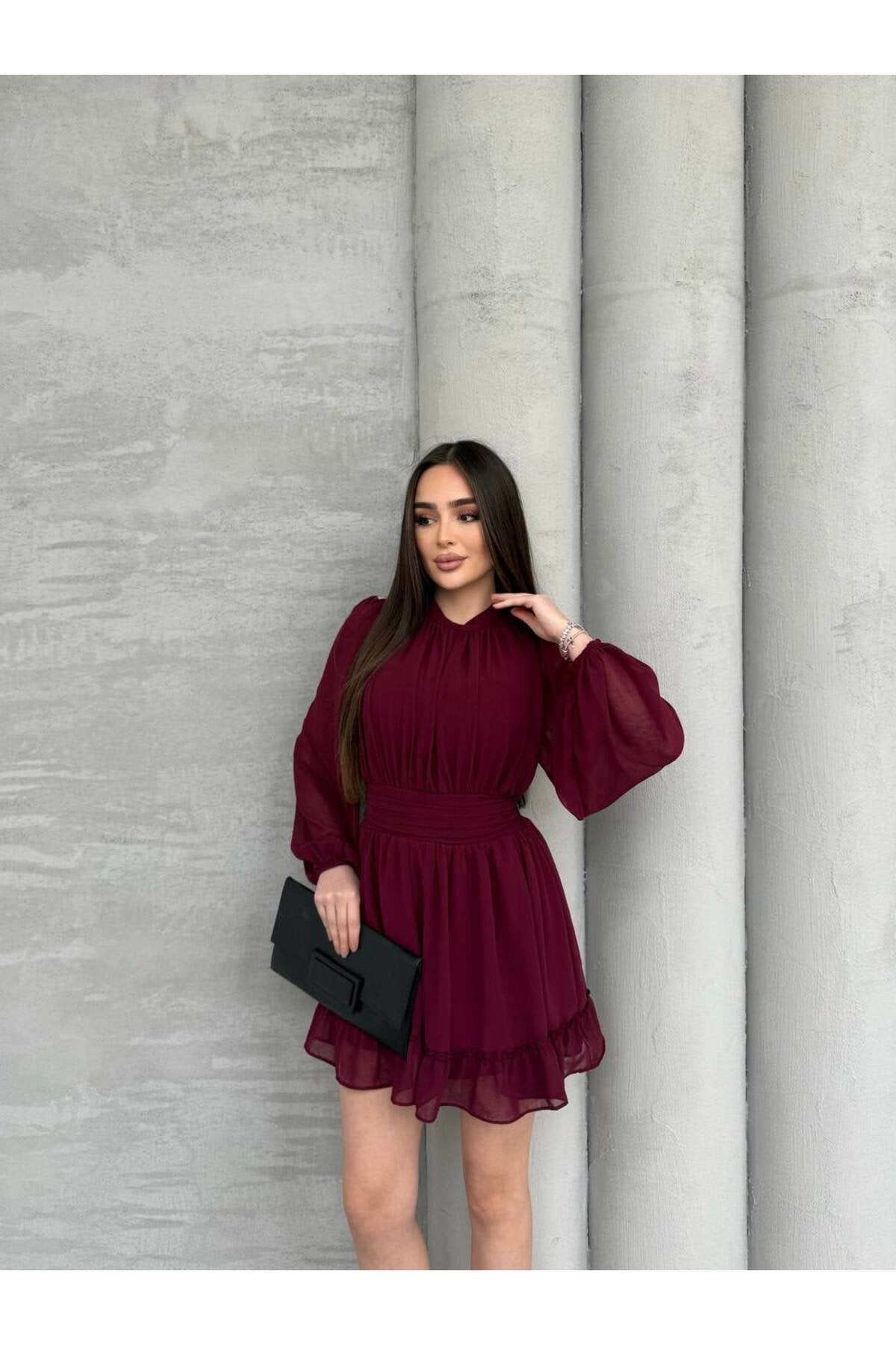 KADIN ETEĞİ FIRFIRLI BÜZGÜ DETAYLI BALON KOL ŞİFON ELBİSE