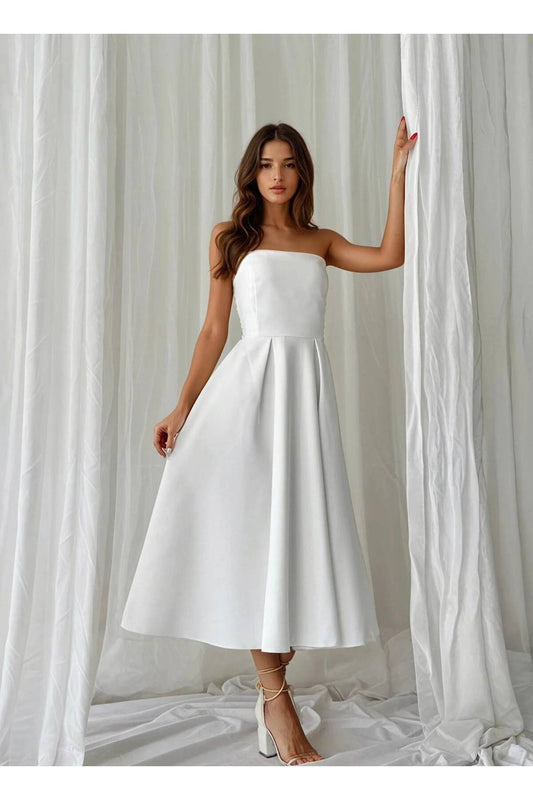 KADIN STRAPLEZ KLOŞ KESİM MİDİ BOY NİŞAN DÜĞÜN DAVET ELBİSESİ