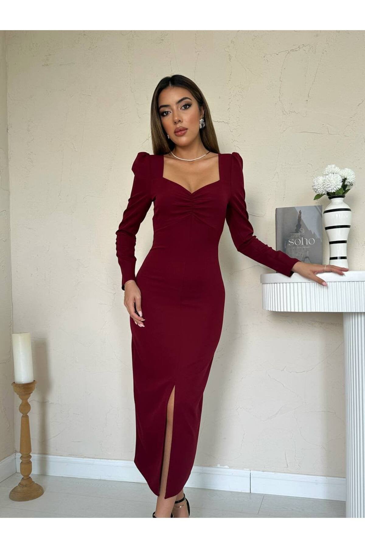 KADIN KALP YAKA ÖNÜ BÜZGÜLÜ PRENSES KOL YIRTMAÇ DETAYLI FİTTED KALIP ELBİSE