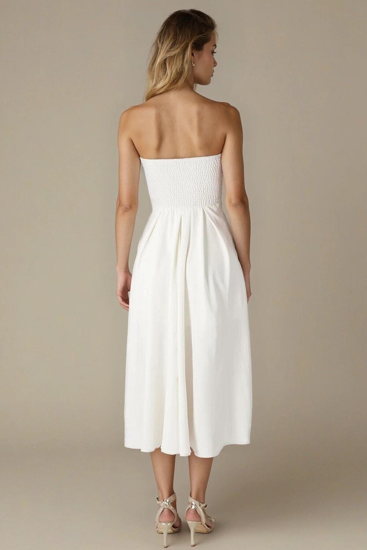 KADIN ATLAS KUMAŞ STRAPLEZ YAKA KLOŞ KESİM UZUN BOY DÜĞÜN NİŞAN DAVET ELBİSESİ