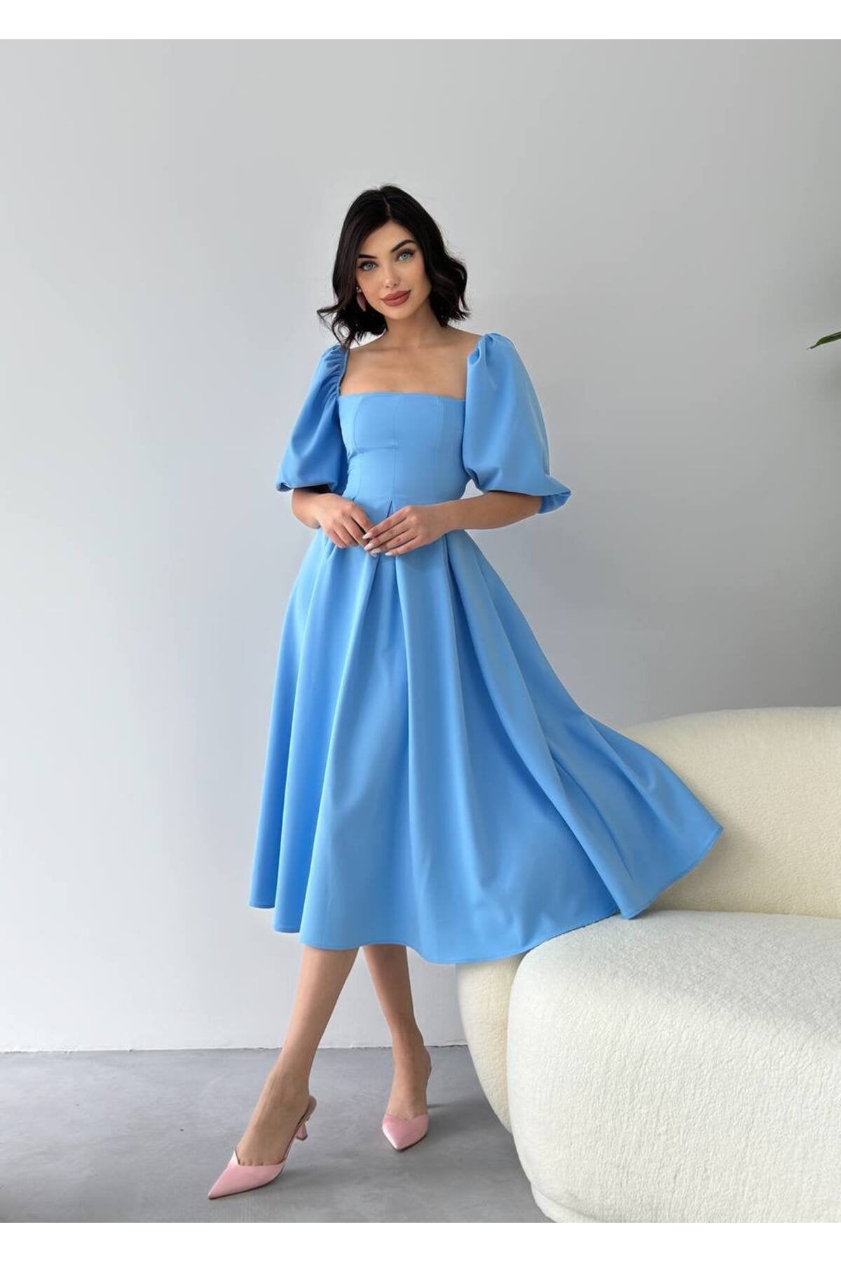 KADIN ATLAS KUMAŞ KARE YAKA BALON KOL KLOŞ KESİM MİDİ BOY NİKAH DÜĞÜN DAVET ELBİSESİ